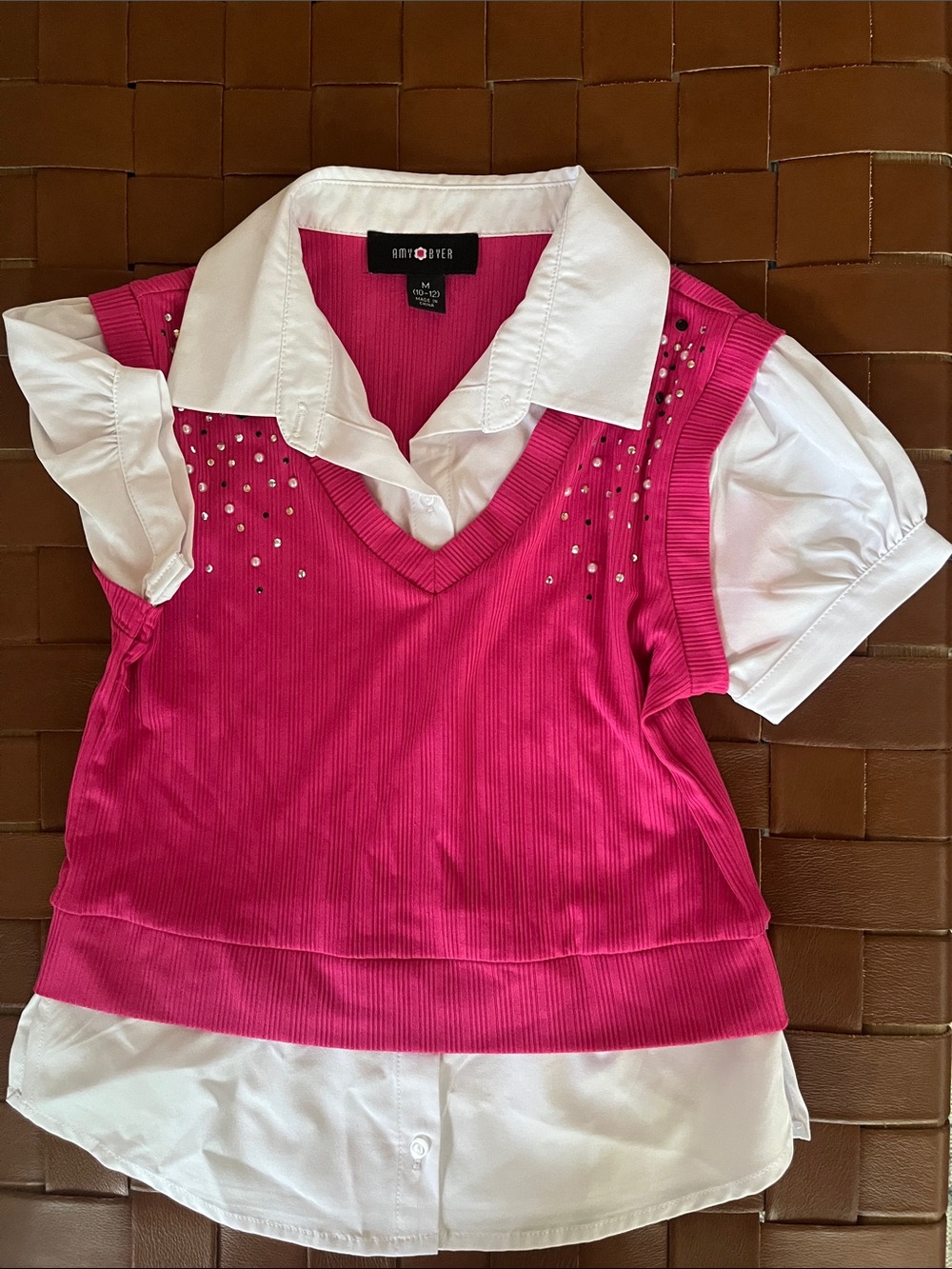 Amy Byer Hot Pink Ribbed V-Neck Vest with White Shirt